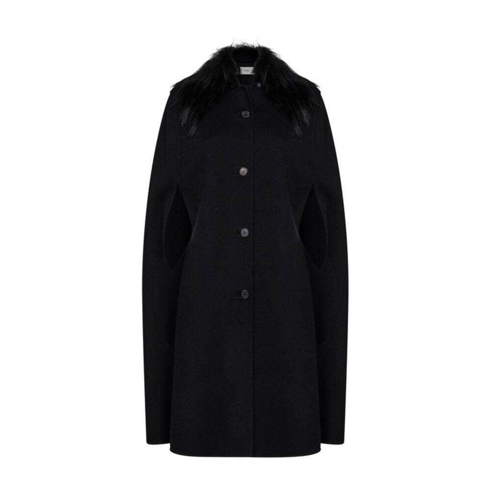 Fendi Women Black Double-Sided Wool-Blend Cape With Fox Fur Collar